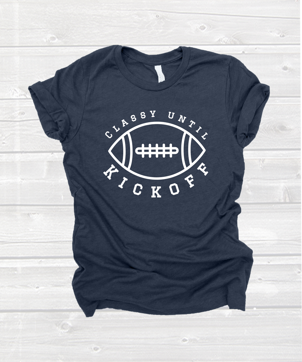 "classy until kickoff" tee in heather navy
