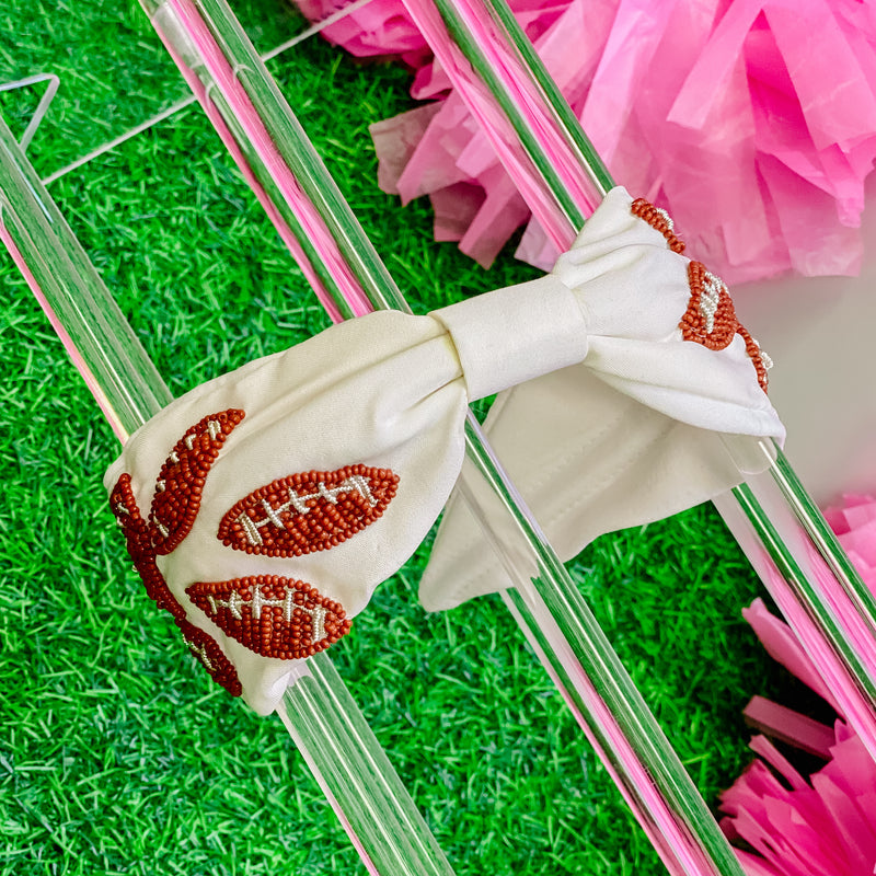 beaded football headband in white