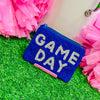 beaded GAME DAY coin pouch in blue + white