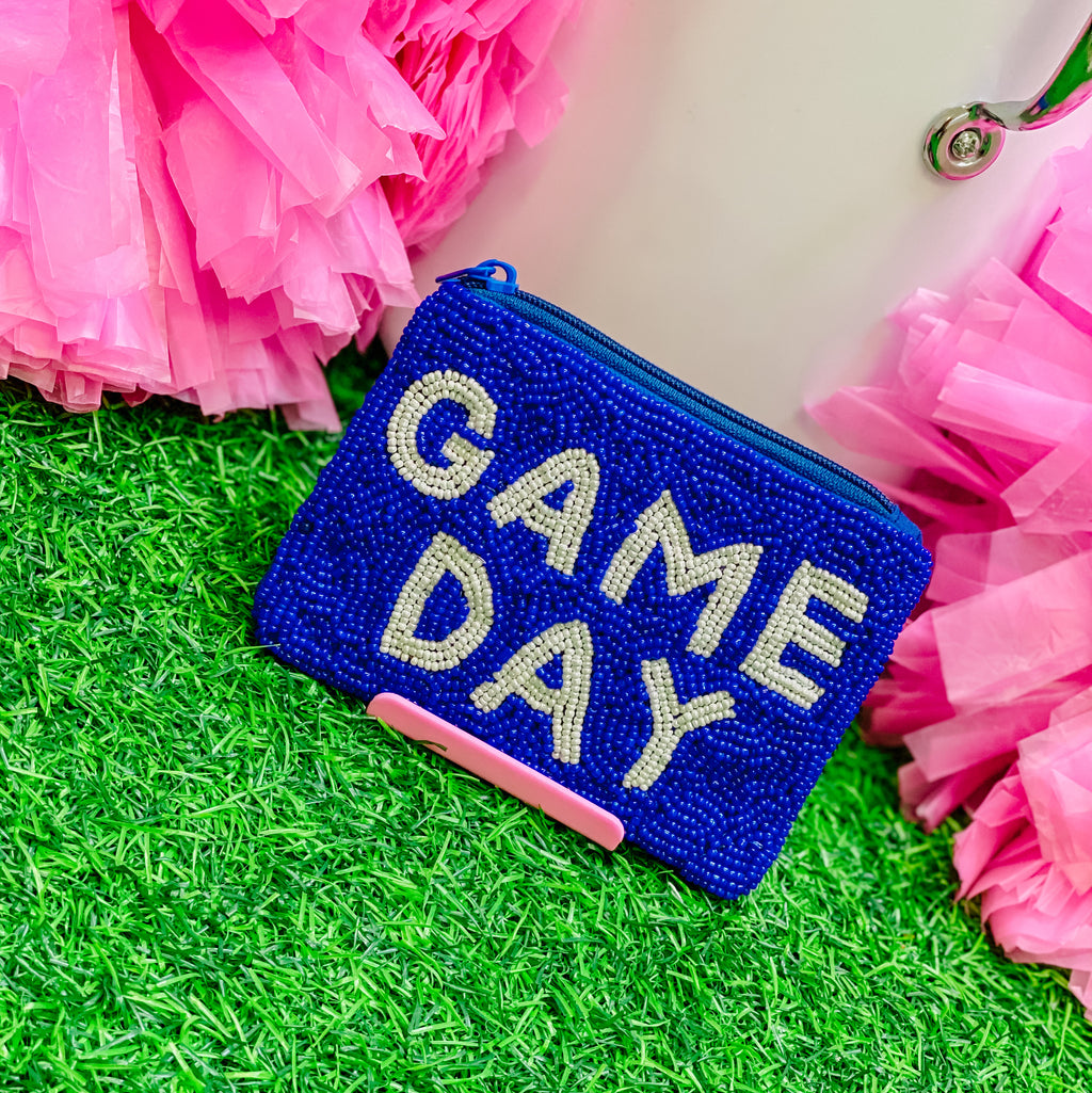 beaded GAME DAY coin pouch in blue + white