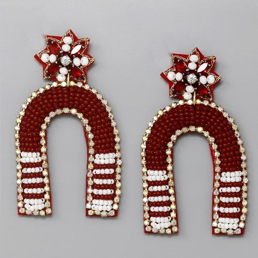 beaded game day earrings in maroon + white