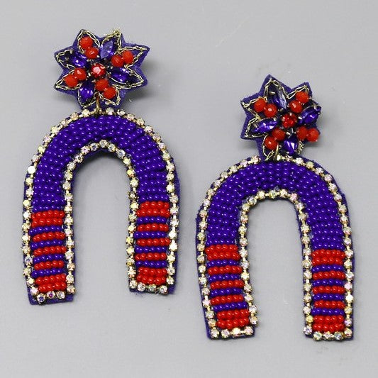 beaded game day earrings in royal + red