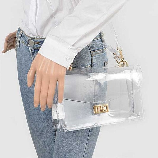 clear bag with gold accents