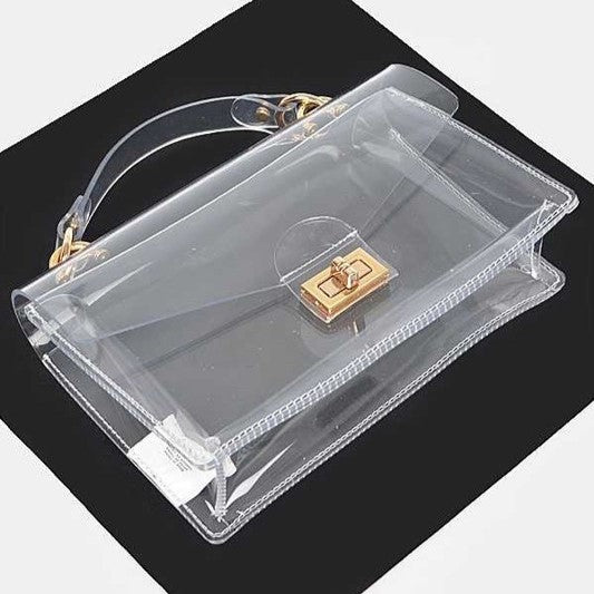 clear bag with gold accents