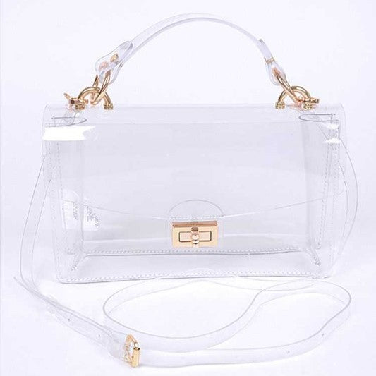 clear bag with gold accents