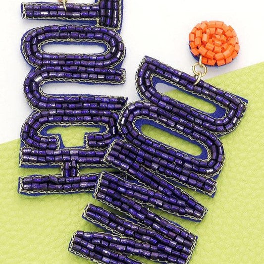 beaded touchdown earrings in navy + orange