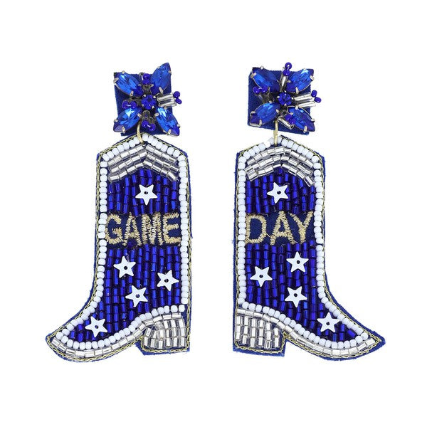 beaded game day boot earrings in blue + silver