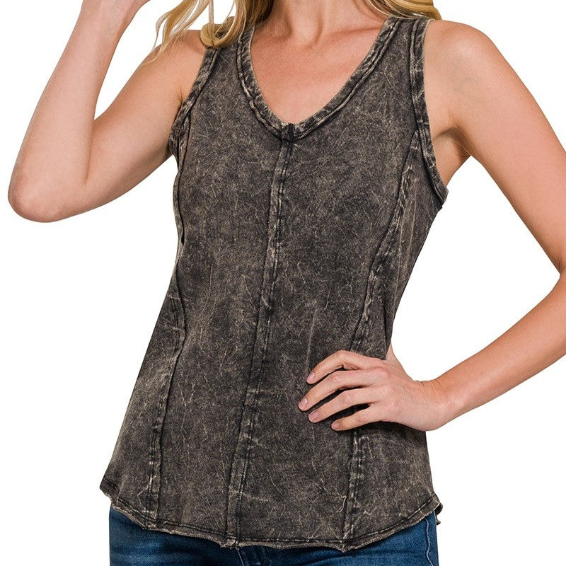 washed cotton sleeveless top in ash black