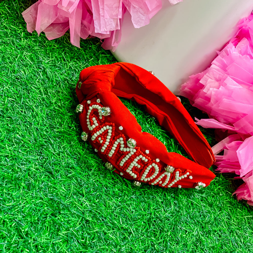 beaded GAMEDAY headband in red + white