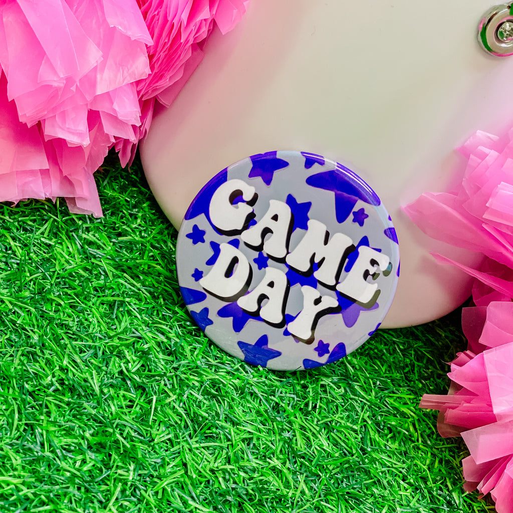 retro gameday spirit button in purple + grey