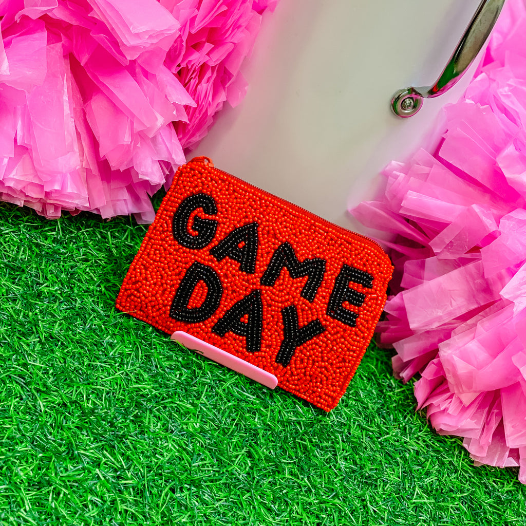beaded GAME DAY coin pouch in red + black