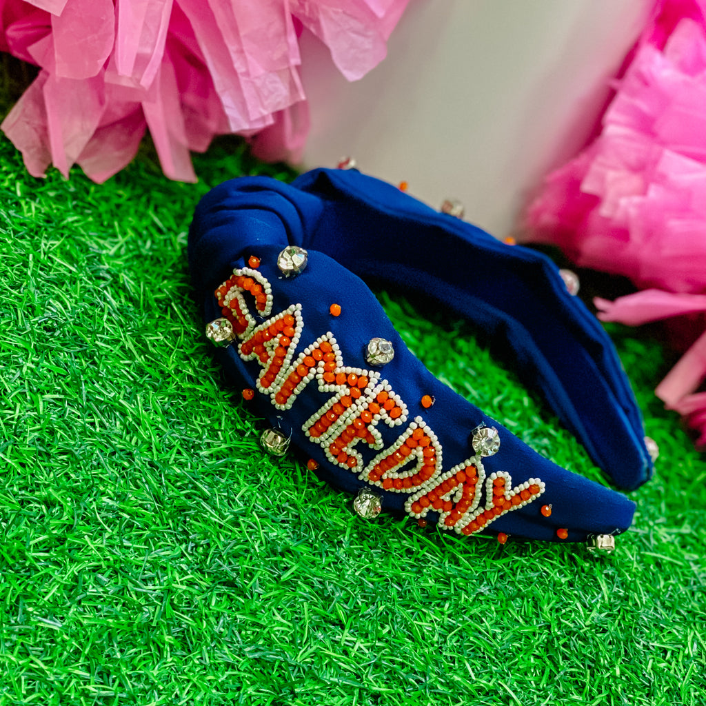 beaded GAMEDAY headband in navy + orange