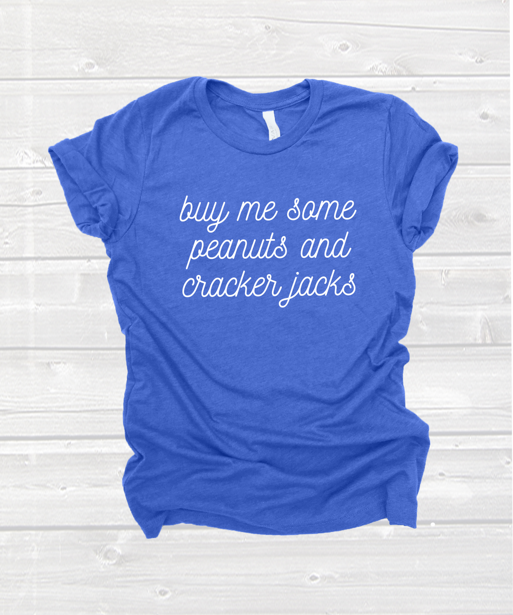 "buy me some peanuts and cracker jacks" tee in heather blue