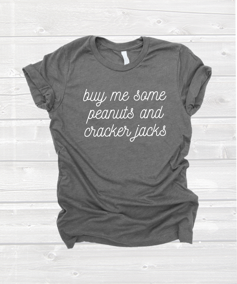 "buy me some peanuts and cracker jacks" tee in red, blue, navy or grey