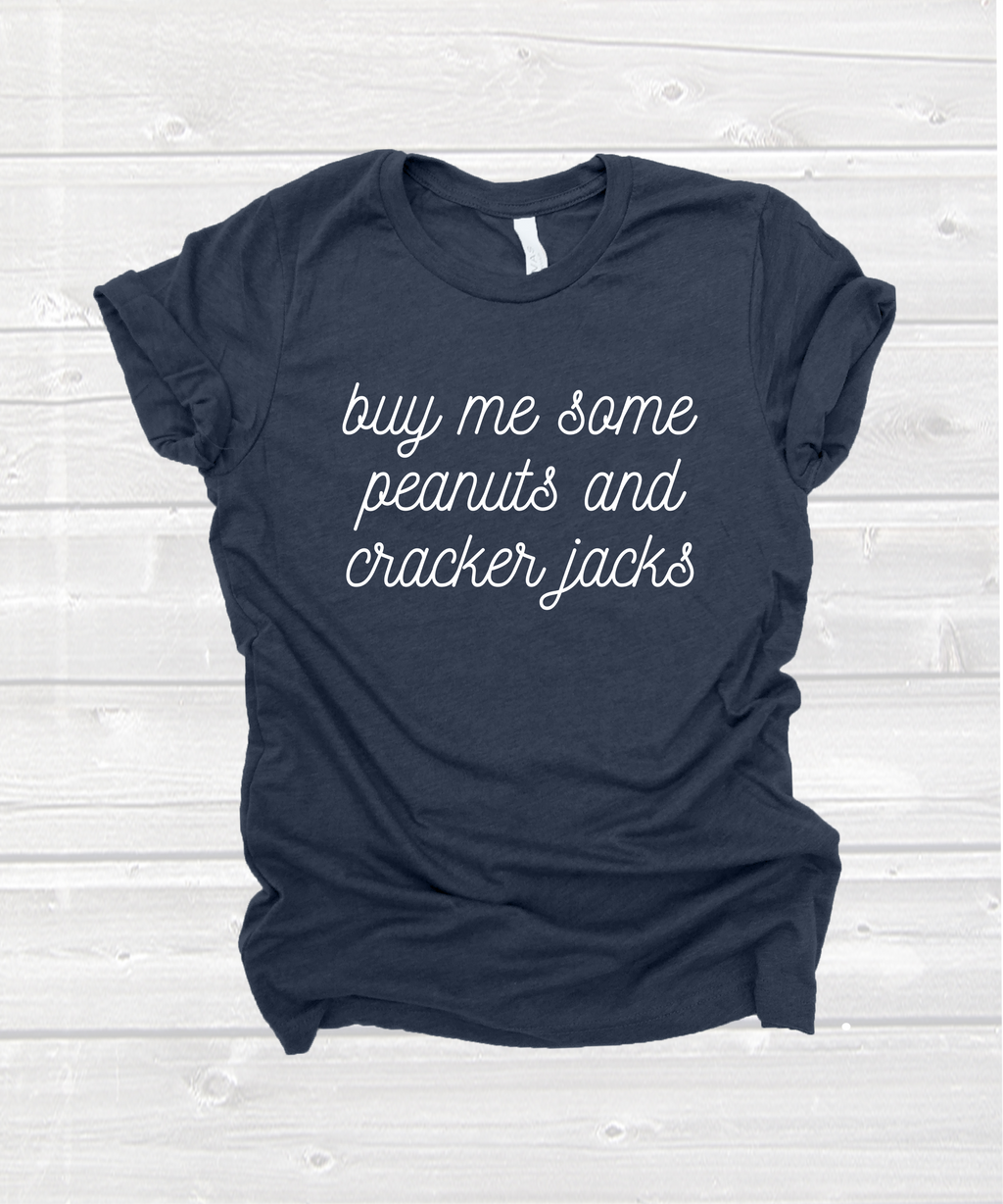 "buy me some peanuts and cracker jacks" tee in heather navy