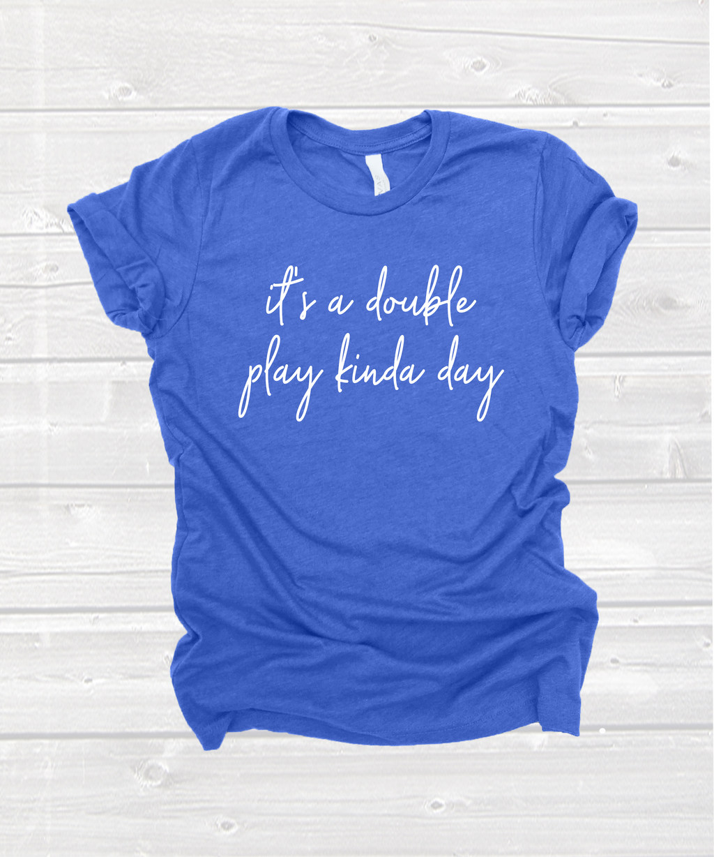 "it's a double play kinda day" tee in heather blue