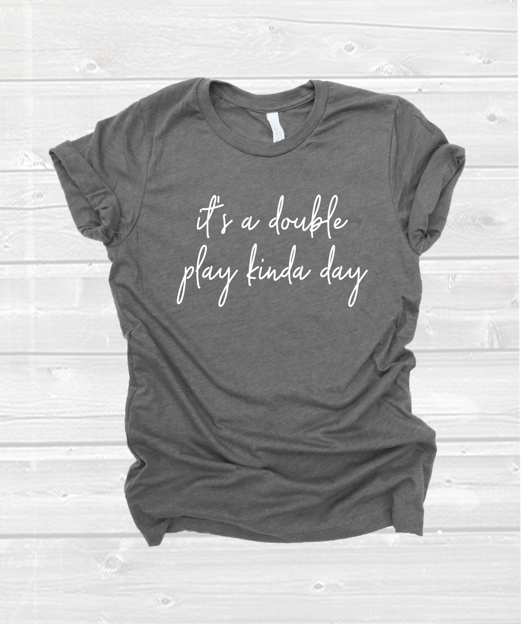 "it's a double play kinda day" tee in heather grey