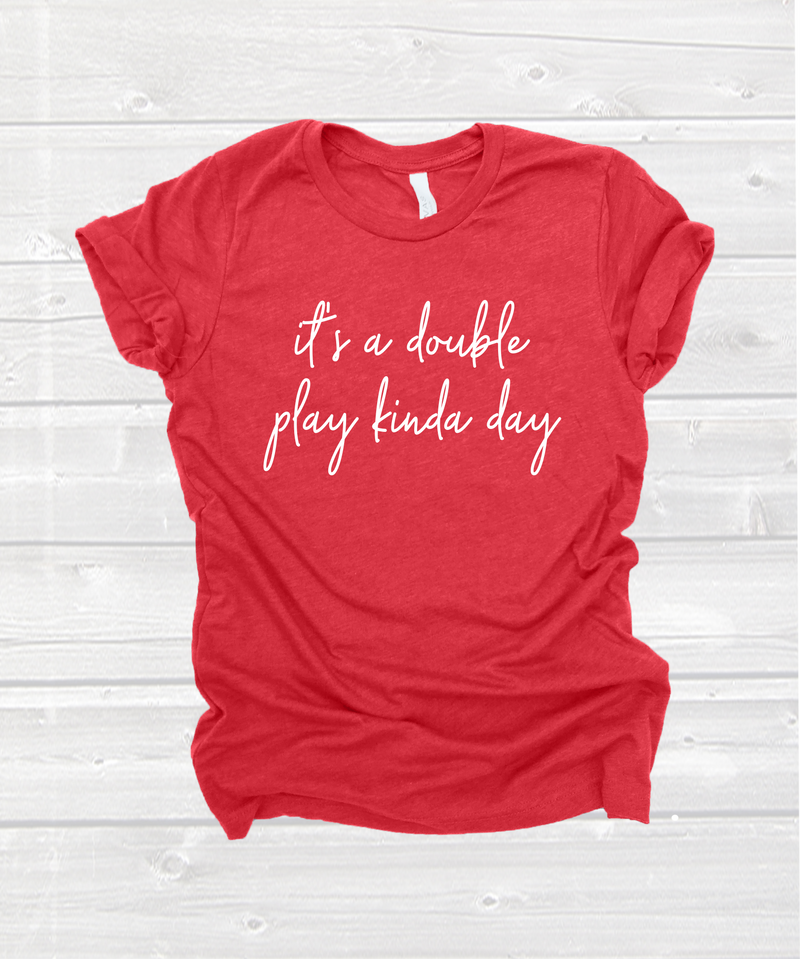 "it's a double play kinda day" tee in heather red