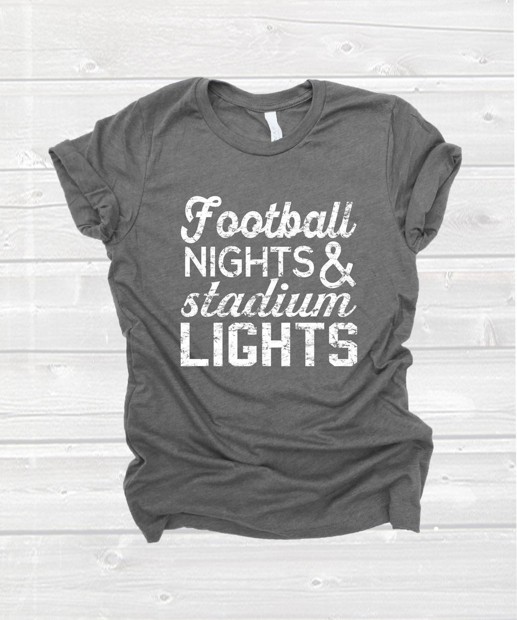 "football nights and stadium lights" tee in red, navy or grey