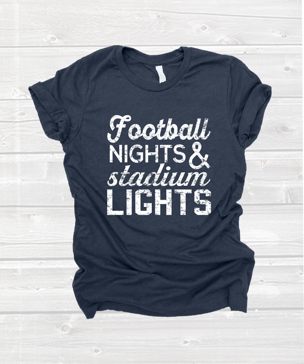 "football nights and stadium lights" tee in heather navy