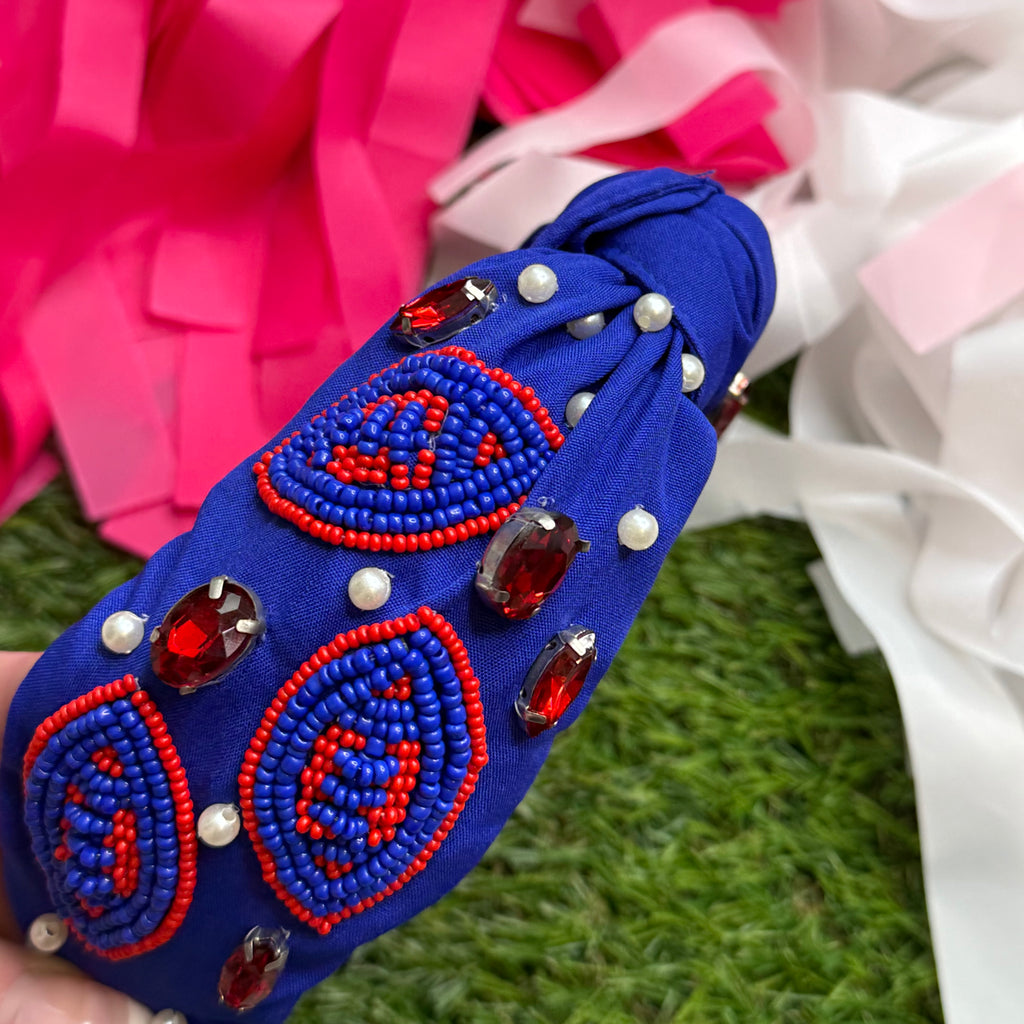 beaded football headband in royal and red