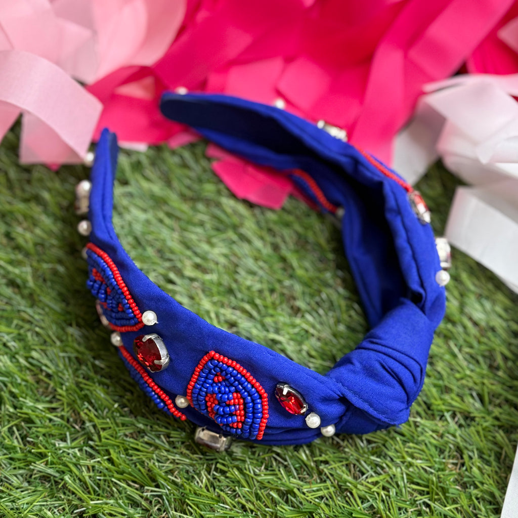 beaded football headband in royal and red