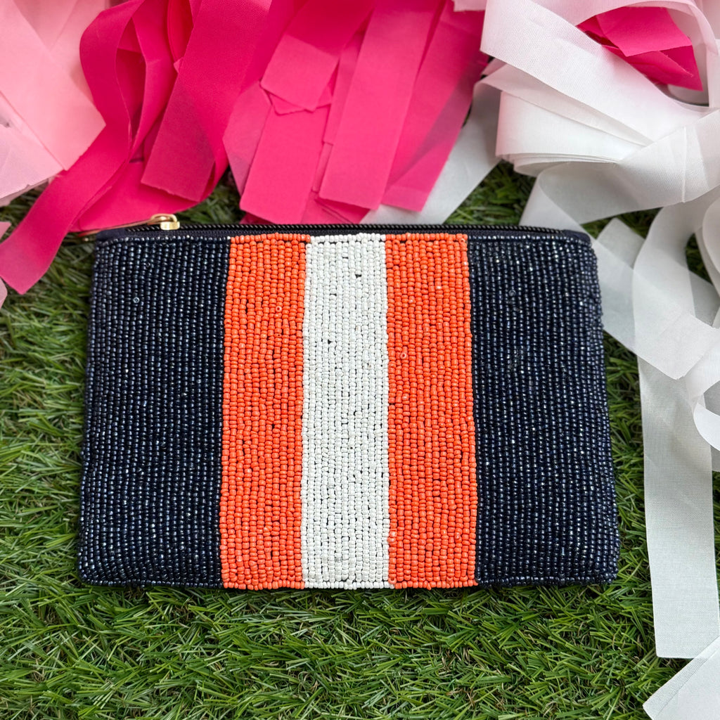 beaded coin pouch in navy + orange + white