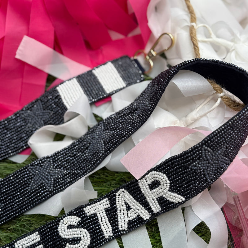 beaded LONE STAR purse strap in navy + dark grey + white