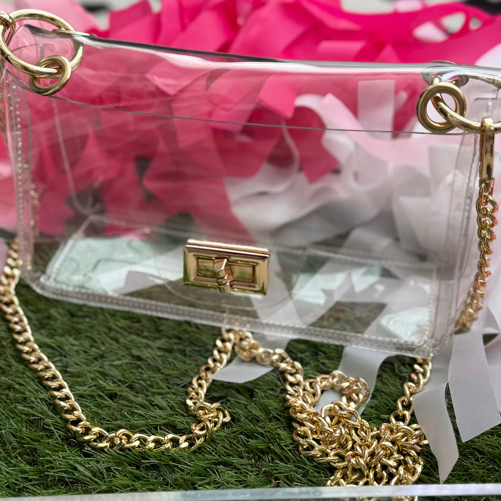 clear bag with gold chain strap