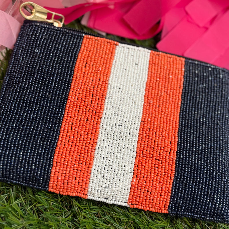 beaded coin pouch in navy + orange + white