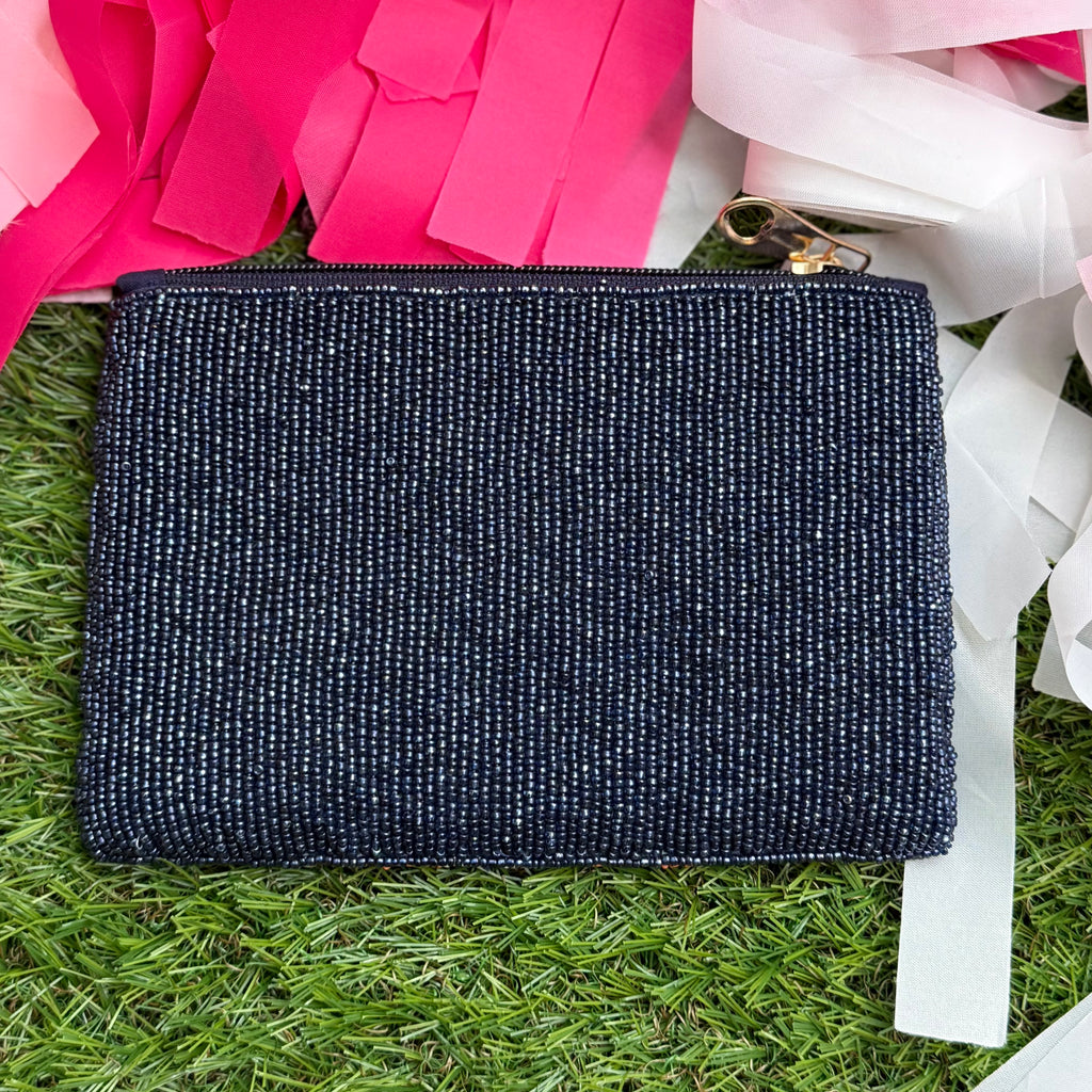 beaded coin pouch in navy + orange + white