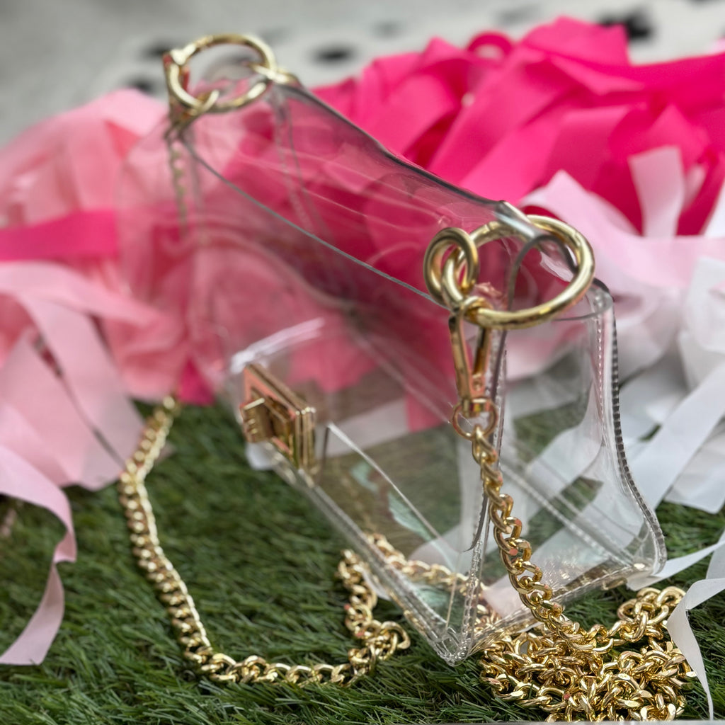clear bag with gold chain strap
