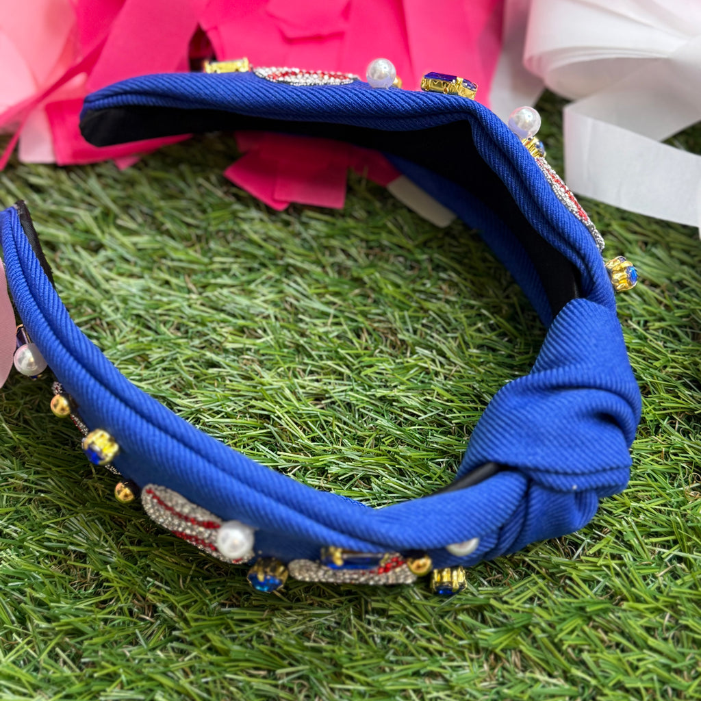 sparkly rhinestone baseball headband in royal