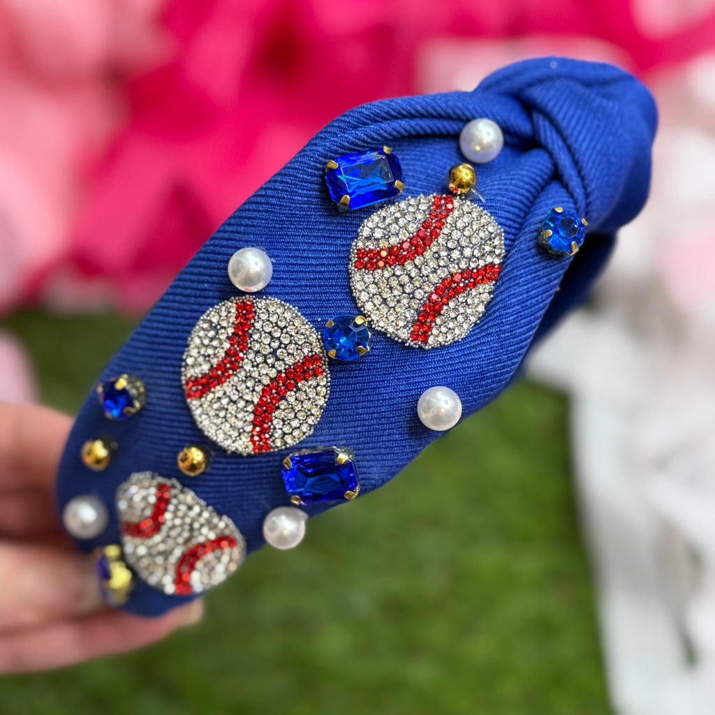 sparkly rhinestone baseball headband in royal