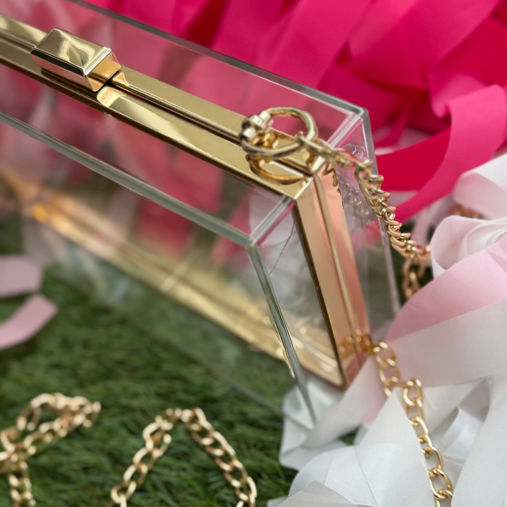 hard acrylic bag with gold chain strap