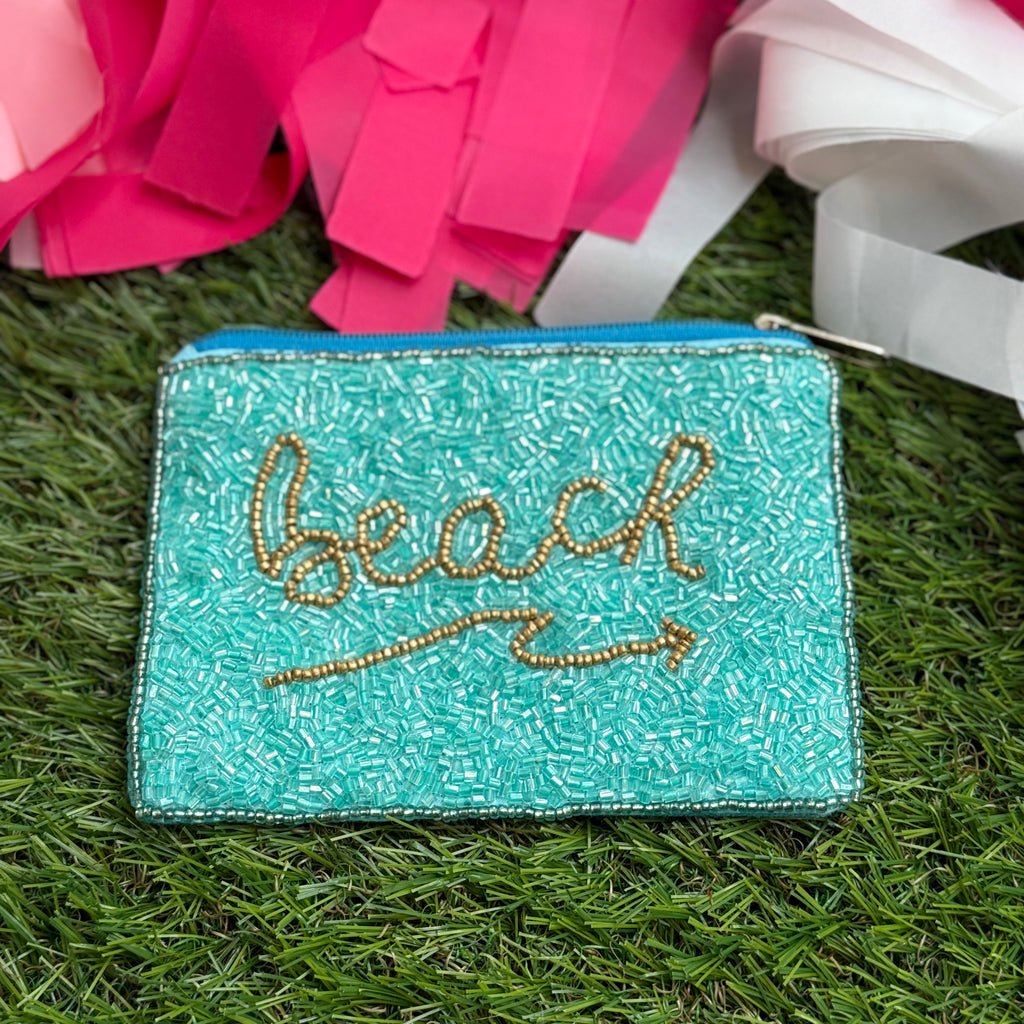 beaded BEACH coin pouch in turquoise