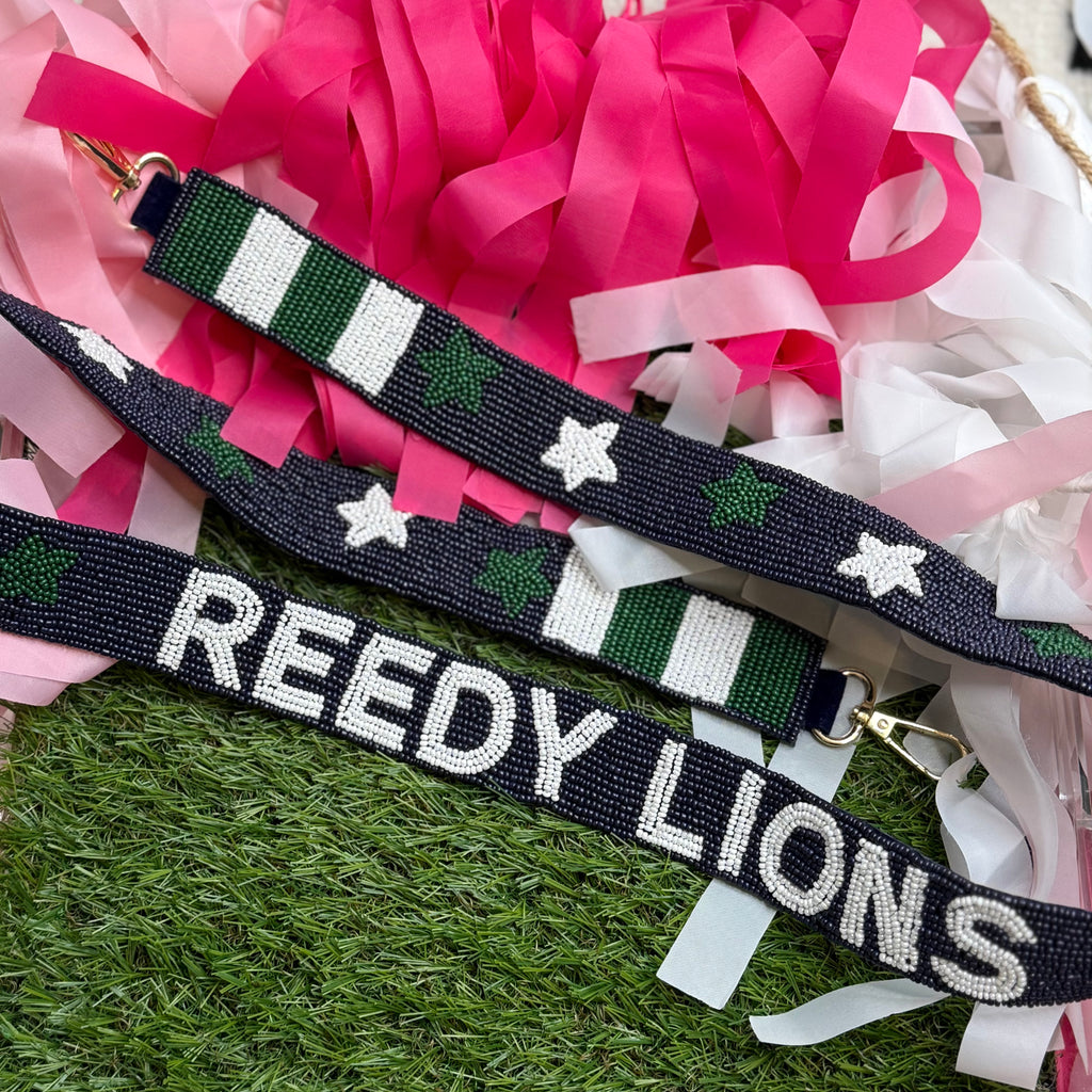 beaded REEDY LIONS purse strap in navy + green + white