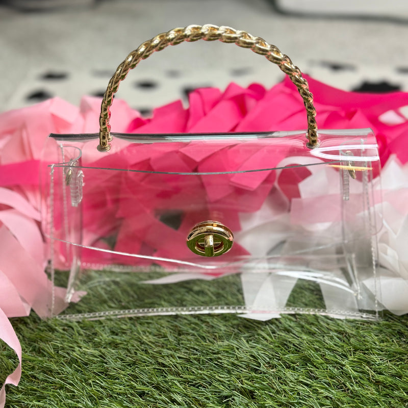 clear bag with gold handle