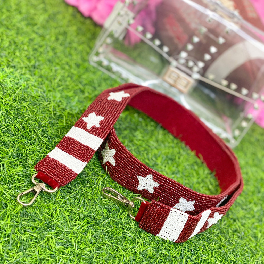 beaded purse strap in maroon + white (SILVER hardware)