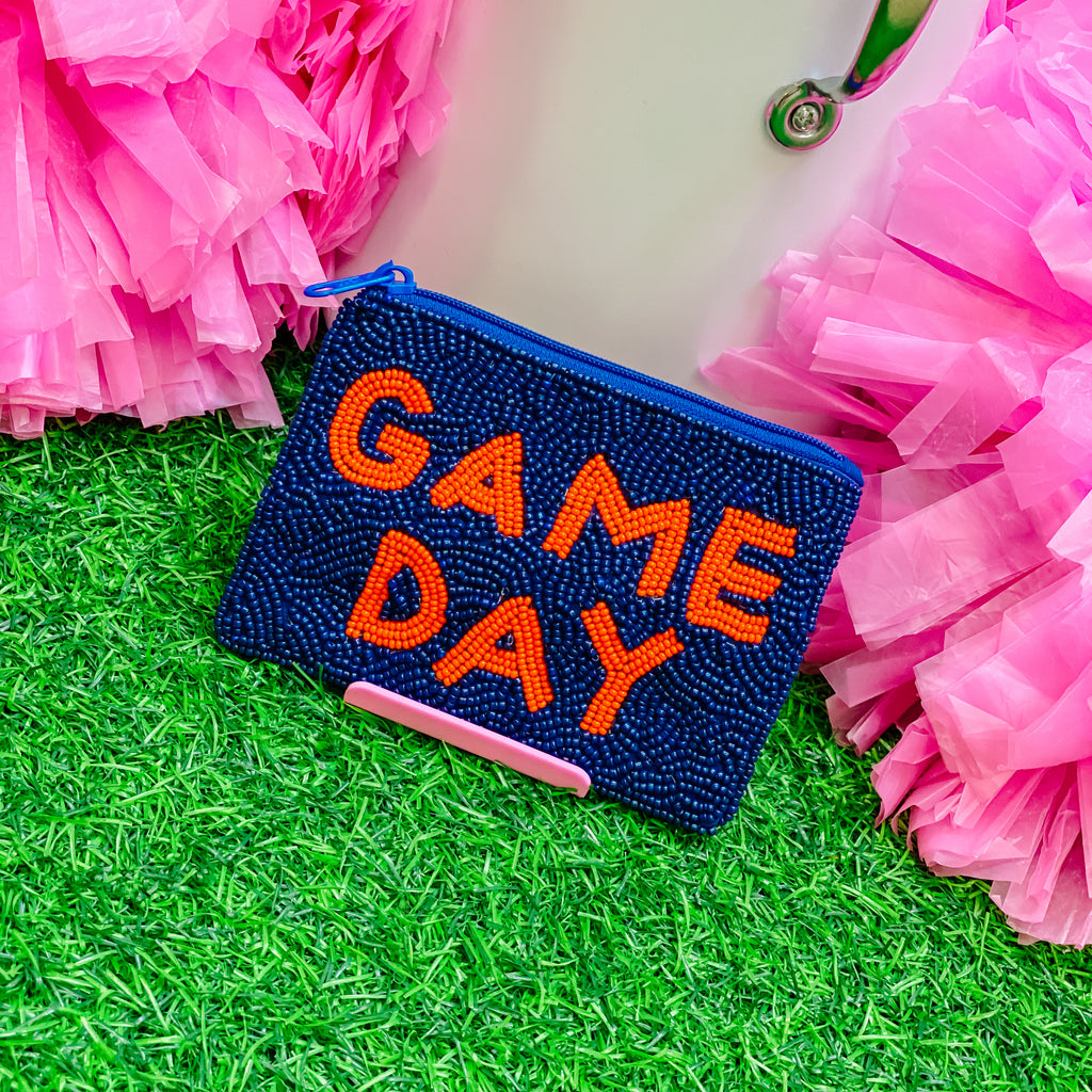 beaded GAME DAY coin pouch in navy + orange