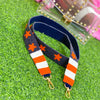 beaded purse strap in navy + orange + white