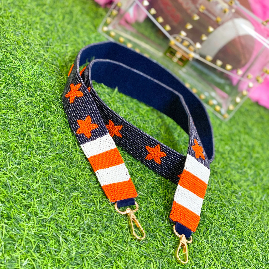 beaded purse strap in navy + orange + white