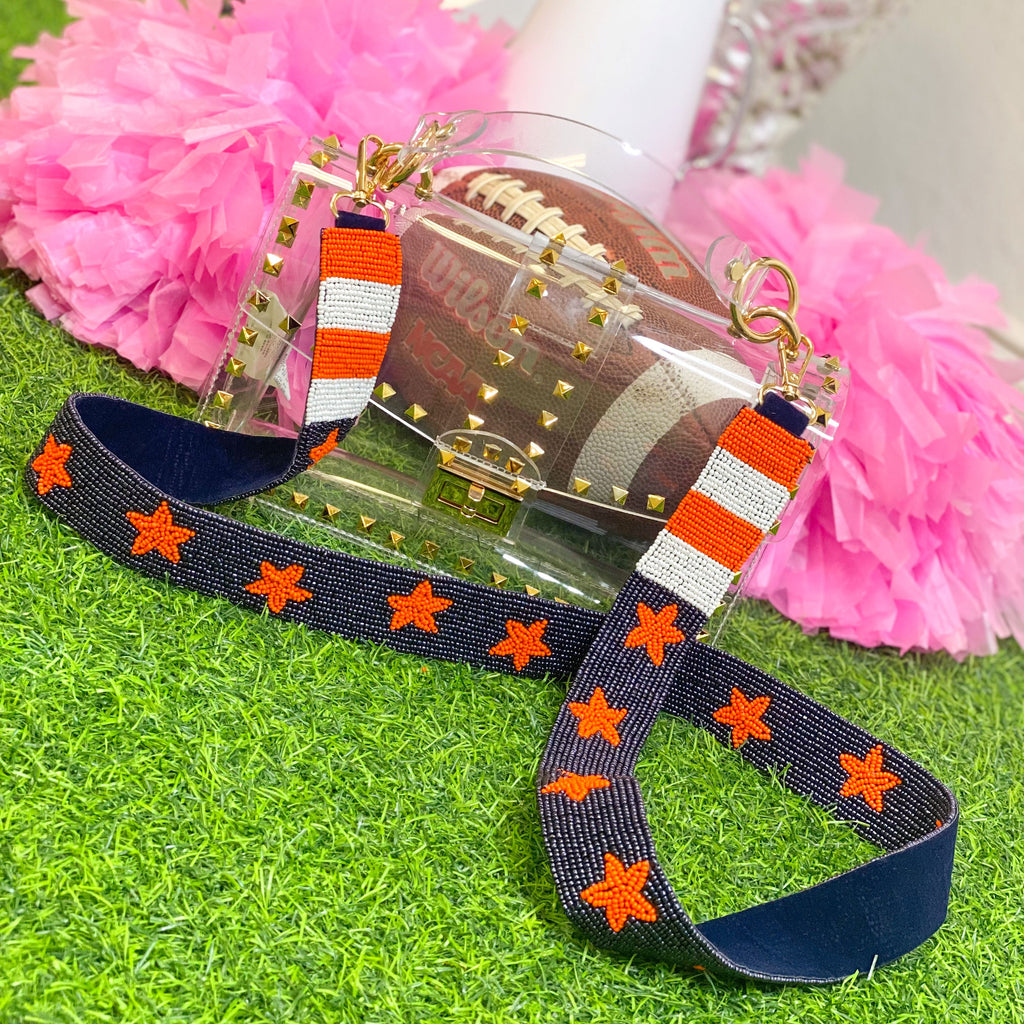beaded purse strap in navy + orange + white