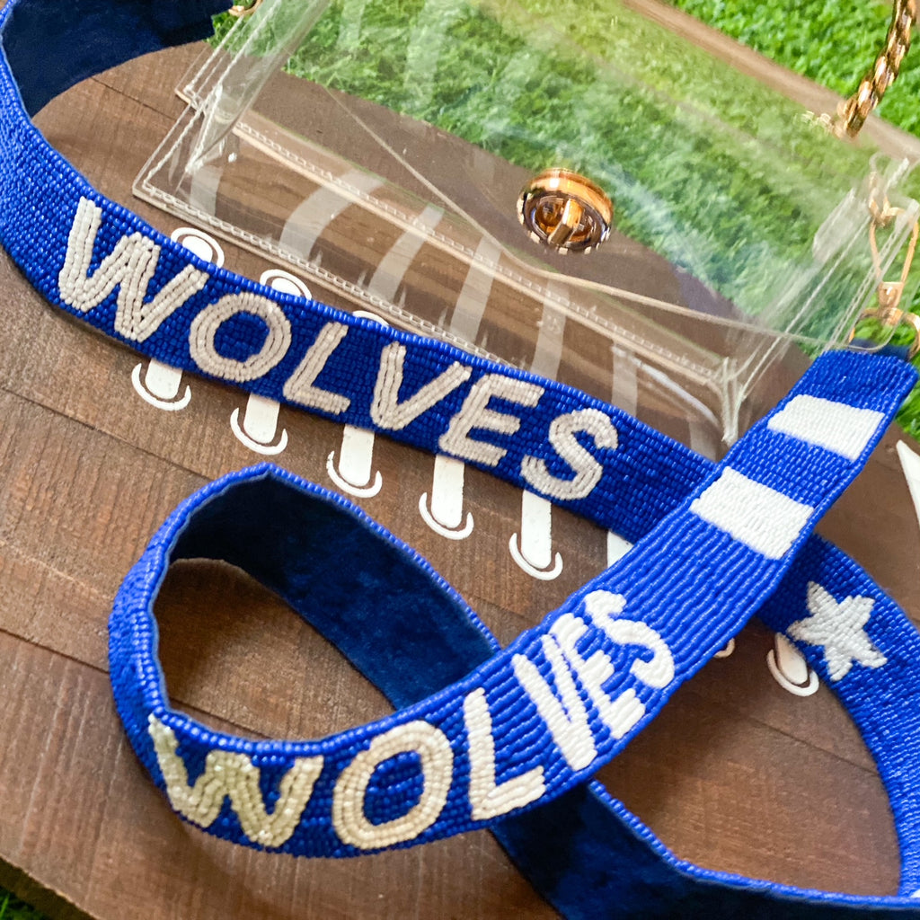 beaded WOLVES purse strap in royal + white