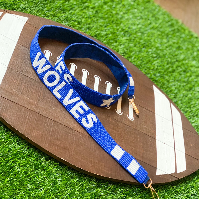 beaded WOLVES purse strap in royal + white