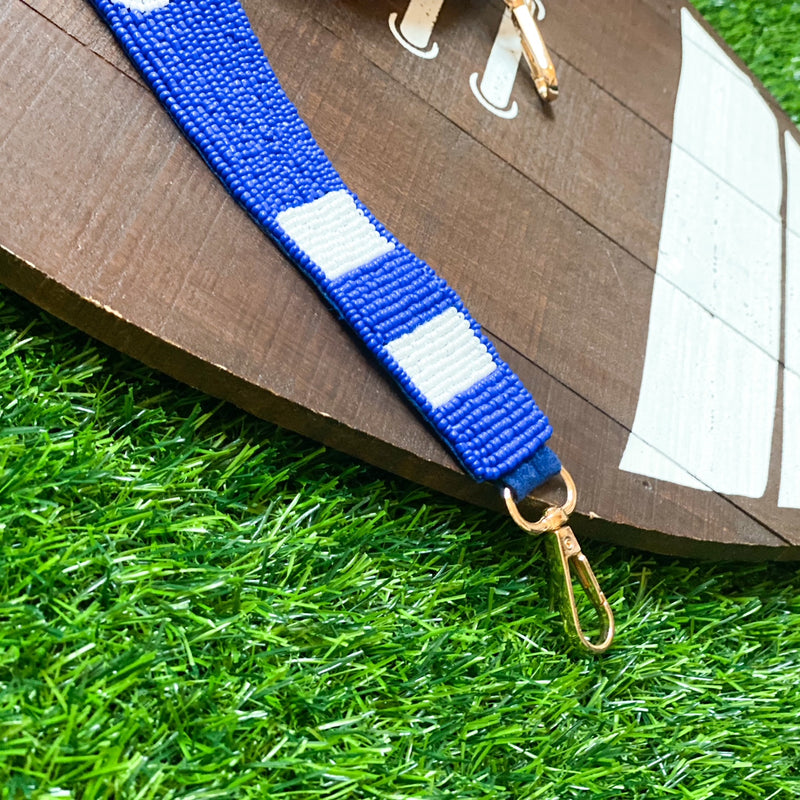 beaded WOLVES purse strap in royal + white