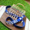 beaded WOLVES purse strap in royal + white