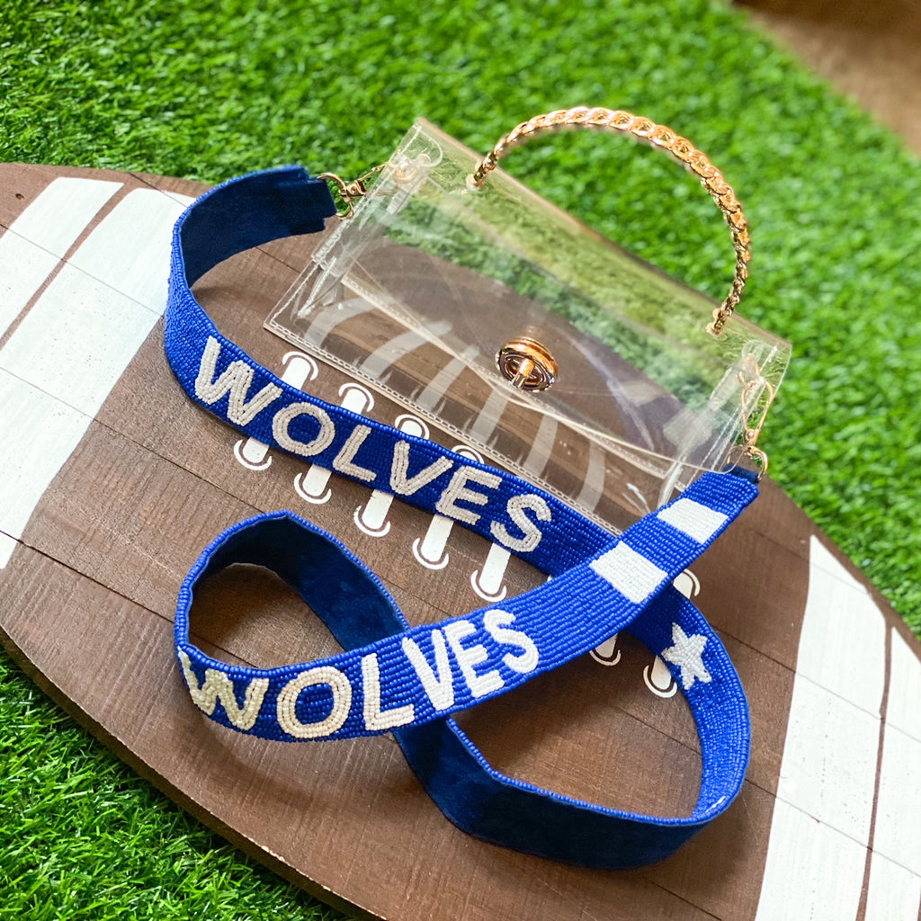 beaded WOLVES purse strap in royal + white