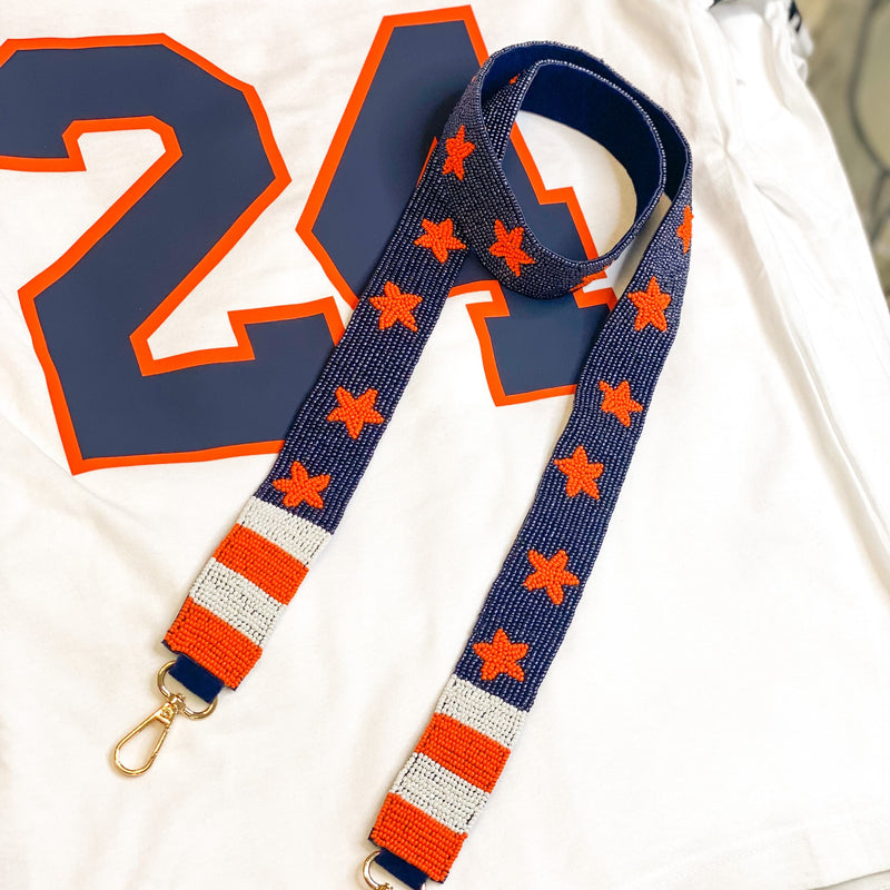 beaded purse strap in navy + orange + white