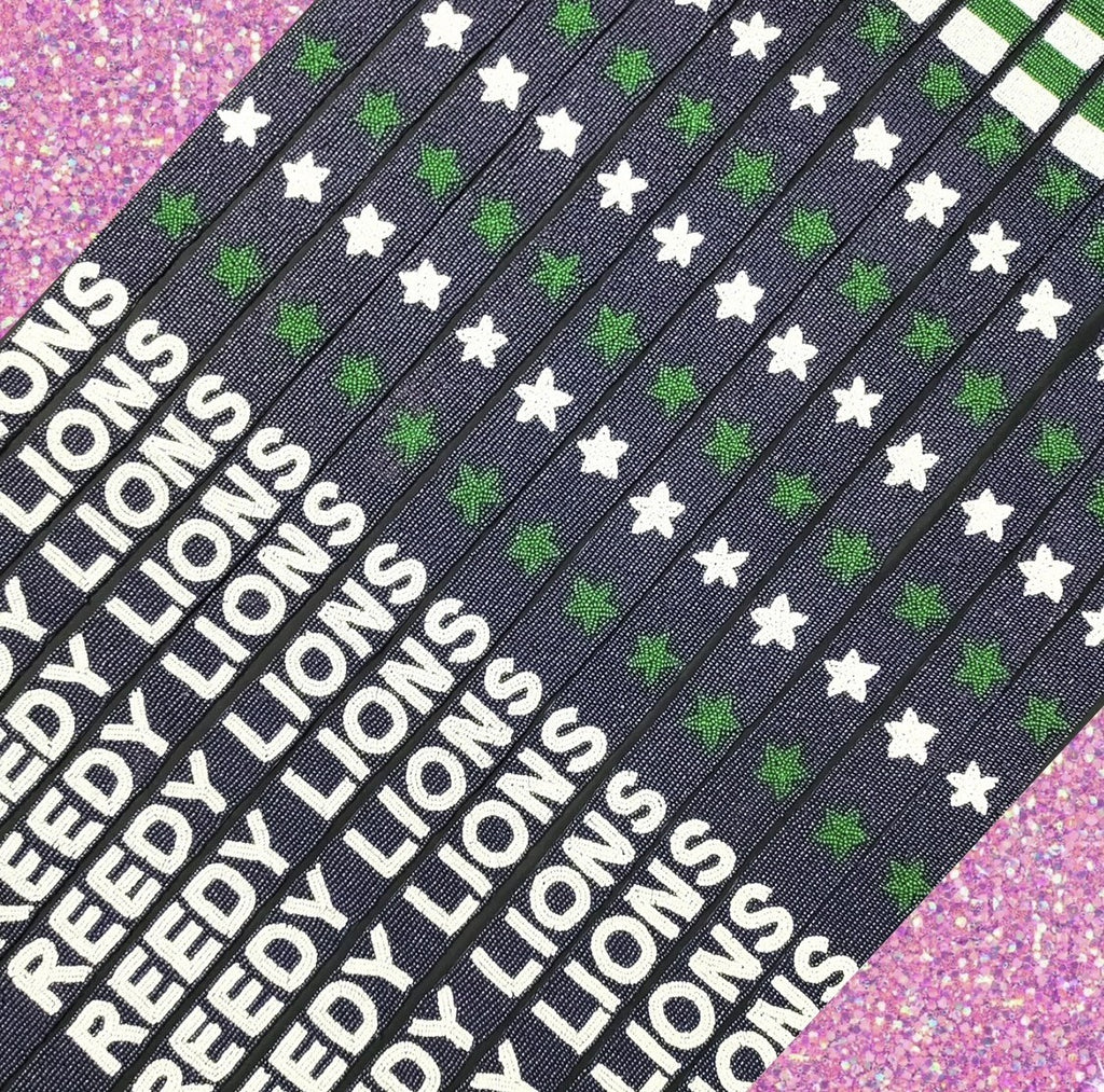 beaded REEDY LIONS purse strap in navy + green + white